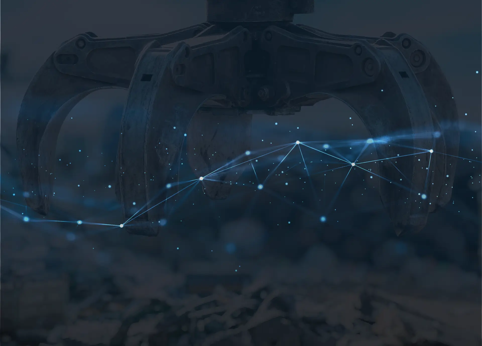 Grapple crane collecting waste, overlaid with an AI data network